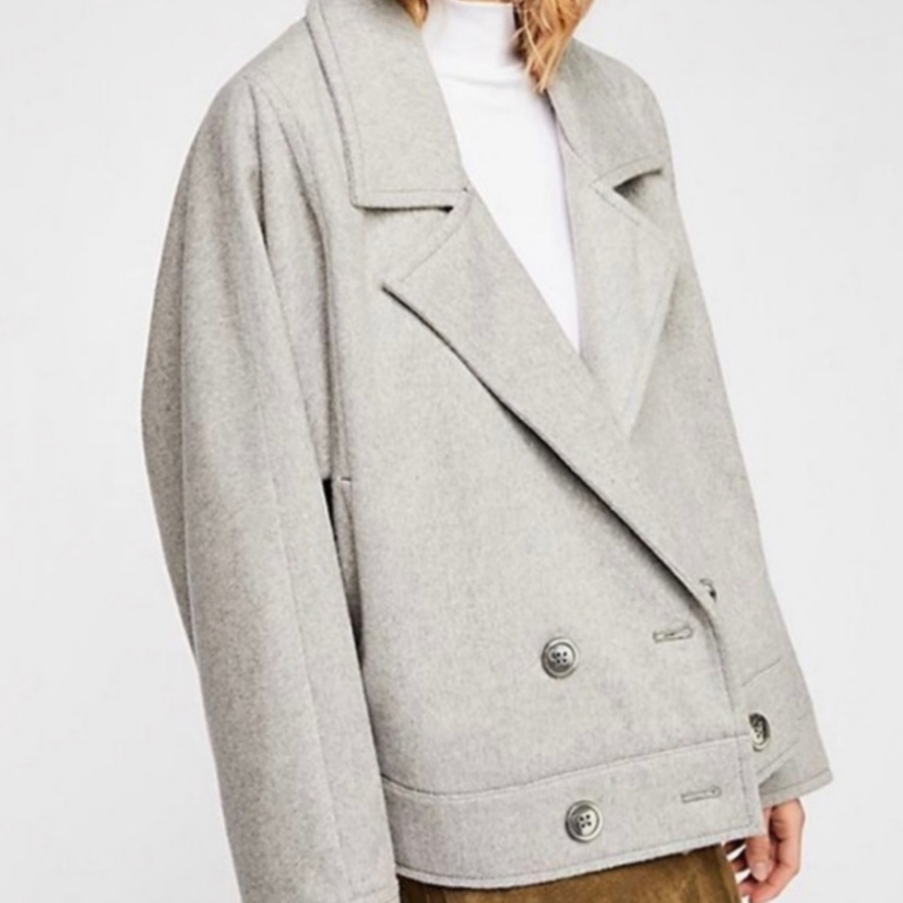 NWT Free People Bella Dolman Wool Gray Oversized Button Pea Jacket Size Large